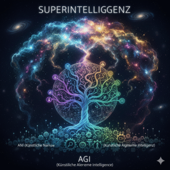 ein bunt schillernder Wissensbaum von KI gezeichnet ist. Darüber steht falsch, mit Doppel-G geschrieben «Superintelliggent»