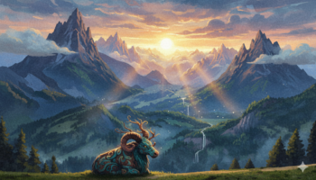 Völlig künstliches KU-Bild einer Kuh mit Rundhörnern vor KI-Bergintergrund und Sonne hinter der Bergkette