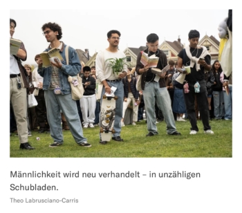 fünf junge Männer auf einer Linie auf dem Rasen. Sie tragen Bücher, Blumen und Skateboards. Bildlegende: Männlichkeit wird neu verhandelt - im unzähligen Schublanden 