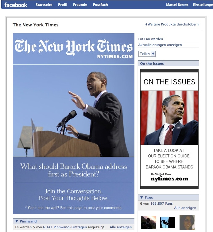 NY Times auf Facebook, Portalseite