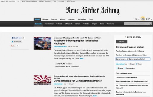 Screenshot der Webseite nzz.ch in der Beta-Version