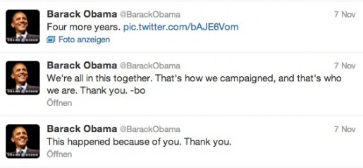 Drei Tweets von Barack Obama nach der Wahl - von Stab und ihm selbst