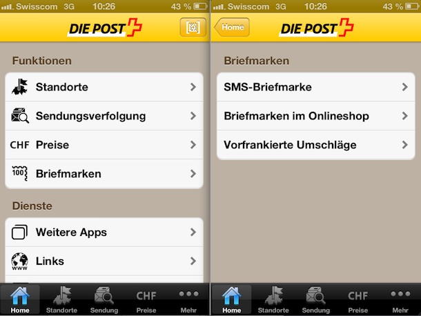 Schritt 1 Post App Post App Menü für SMS-Briefmarkenbestellung via Code