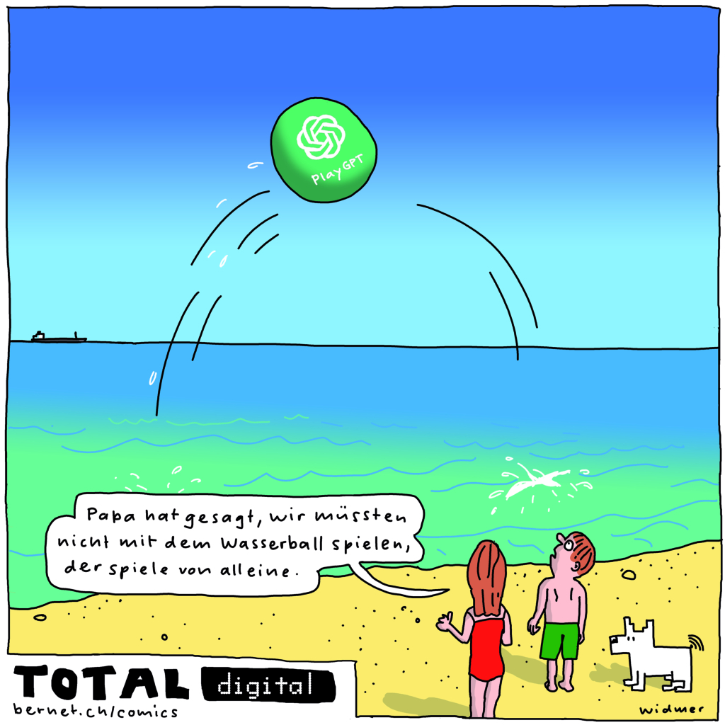 Sommercomic von Ruedi Widmer für Bernet Relations: Kinder lassen den Bank danke KI alleine mit sich spielen und schauen zu. 